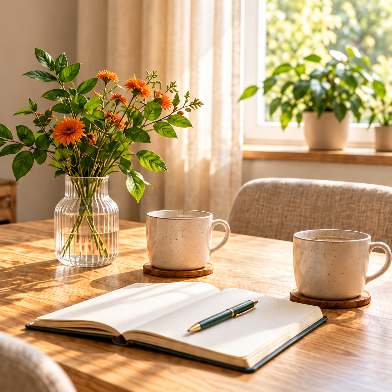 Zeit für ein Gespräch – WohnSorglos Sonniger Tisch mit zwei Tassen, Notizbuch und orangefarbenen Blumen