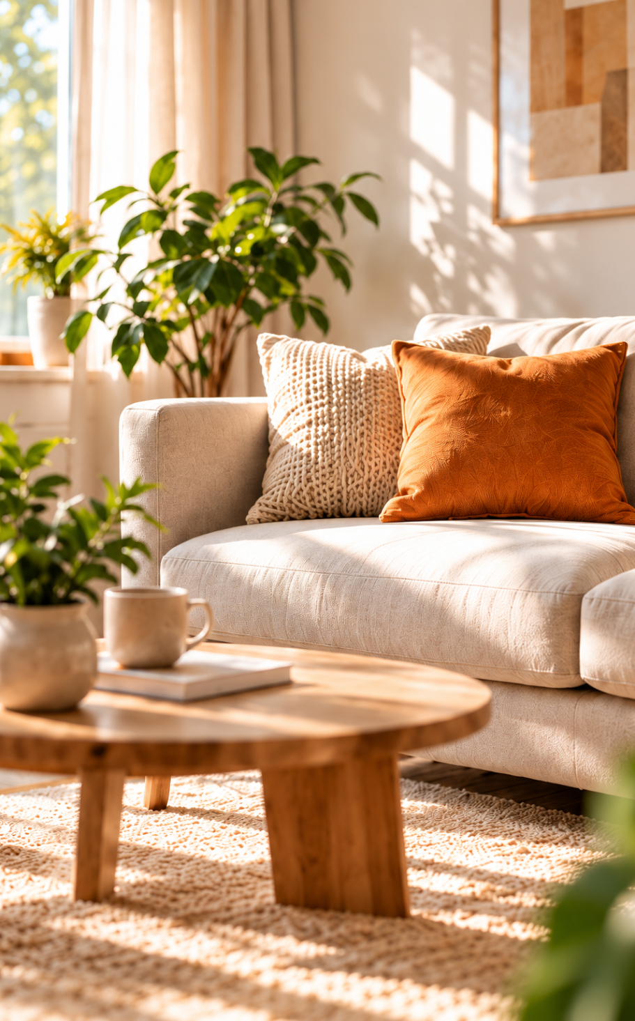 Ein vertrautes Zuhause – WohnSorglos Helles Wohnzimmer mit beigefarbenem Sofa, orangefarbenem Kissen und Grünpflanzen